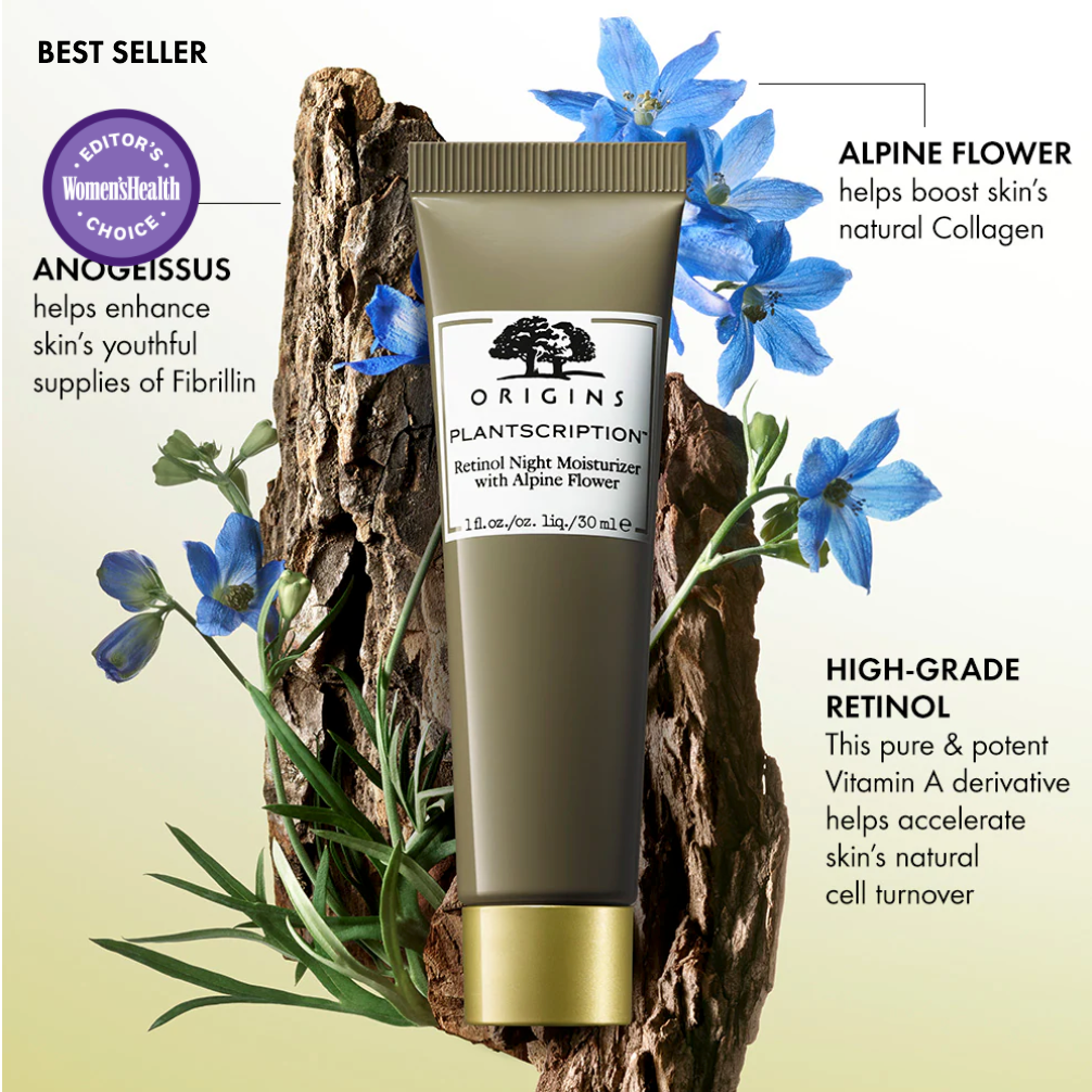 Origins Plantscription Retinol Night Moisturizer with Alpine Flower - Fights Dullness, Dryness, Lines, Pores & Uneven Skin Tone - 1 fl. oz / 29.6 mL